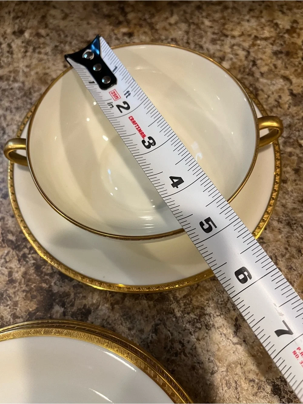 Black Knight Cream and Gold Trimmed Double-Handled Soup Cups with Saucers